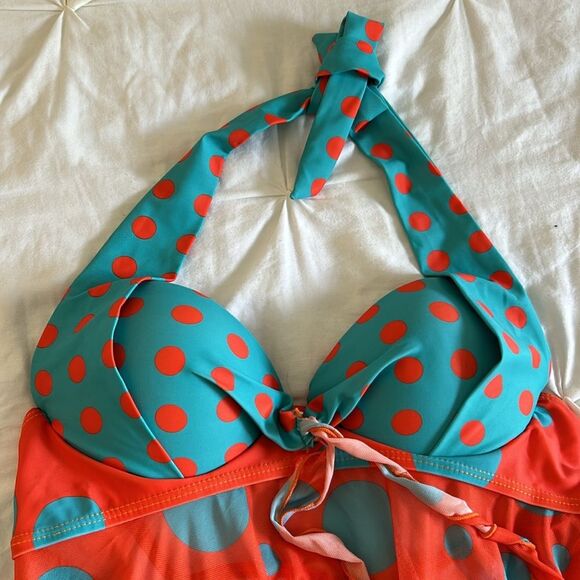 Blue and Orange Retro 70’s Polka Dot Halter Tankini Top Summer Swimwear Medium - Picture 2 of 8